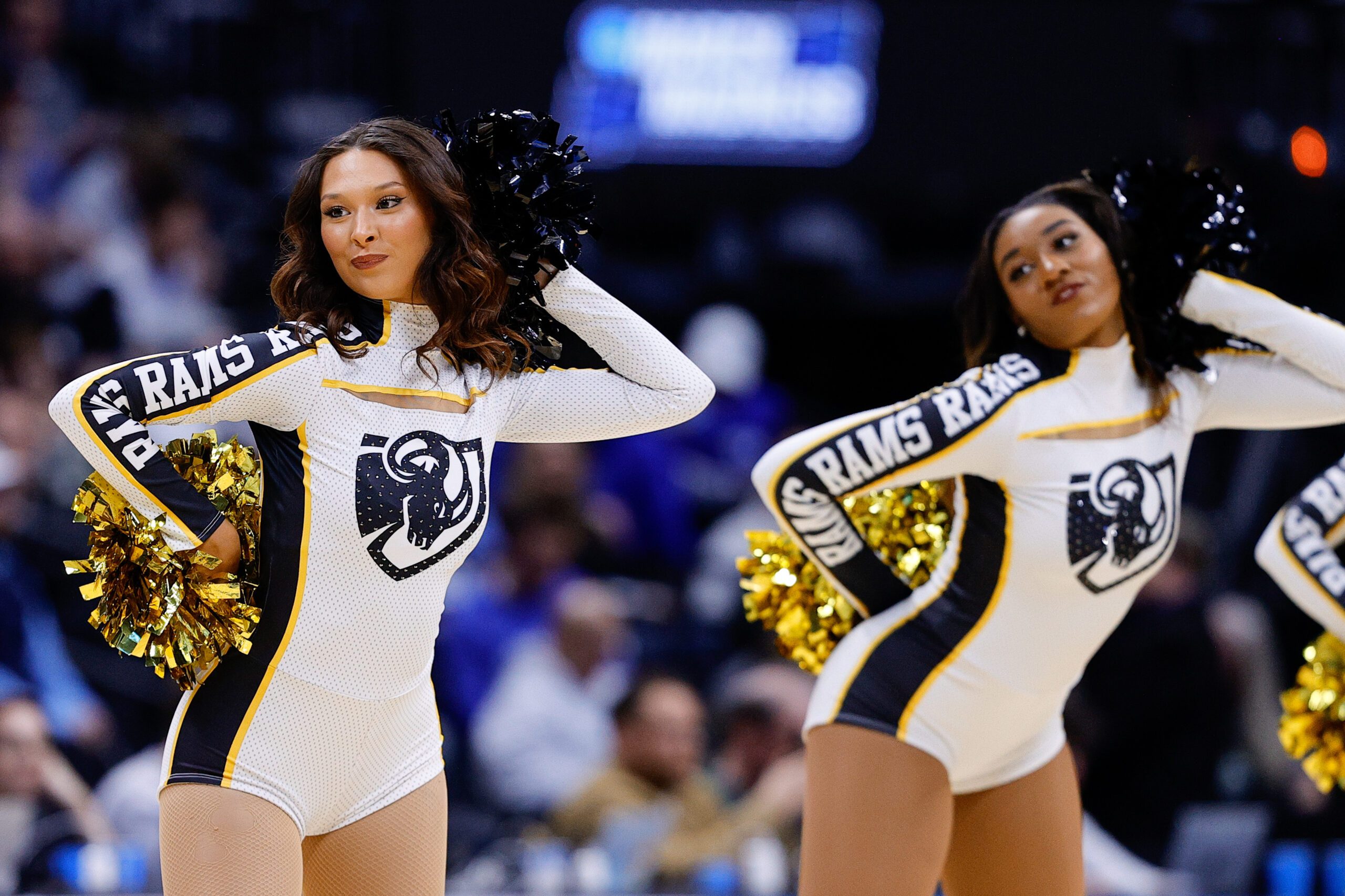 Mar 20, 2025; Denver, CO, USA; Cheerleaders for the VCU Rams perform during the first half between the Brigham Young Cougars and the VCU Rams in the first round of the NCAA Tournament at Ball Arena. Mandatory Credit: Isaiah J. Downing-Imagn Images