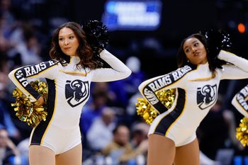 Mar 20, 2025; Denver, CO, USA; Cheerleaders for the VCU Rams perform during the first half between the Brigham Young Cougars and the VCU Rams in the first round of the NCAA Tournament at Ball Arena. Mandatory Credit: Isaiah J. Downing-Imagn Images
