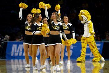 Mar 20, 2025; Wichita, KS, USA; Cheerleaders for the Missouri Tigers in the second half of a first round men’s NCAA Tournament game against the Drake Bulldogs at Intrust Bank Arena. Mandatory Credit: Nick Tre. Smith-Imagn Images
