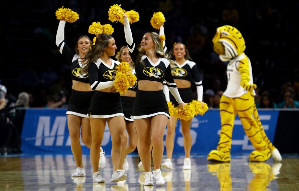 Mar 20, 2025; Wichita, KS, USA; Cheerleaders for the Missouri Tigers in the second half of a first round men’s NCAA Tournament game against the Drake Bulldogs at Intrust Bank Arena. Mandatory Credit: Nick Tre. Smith-Imagn Images