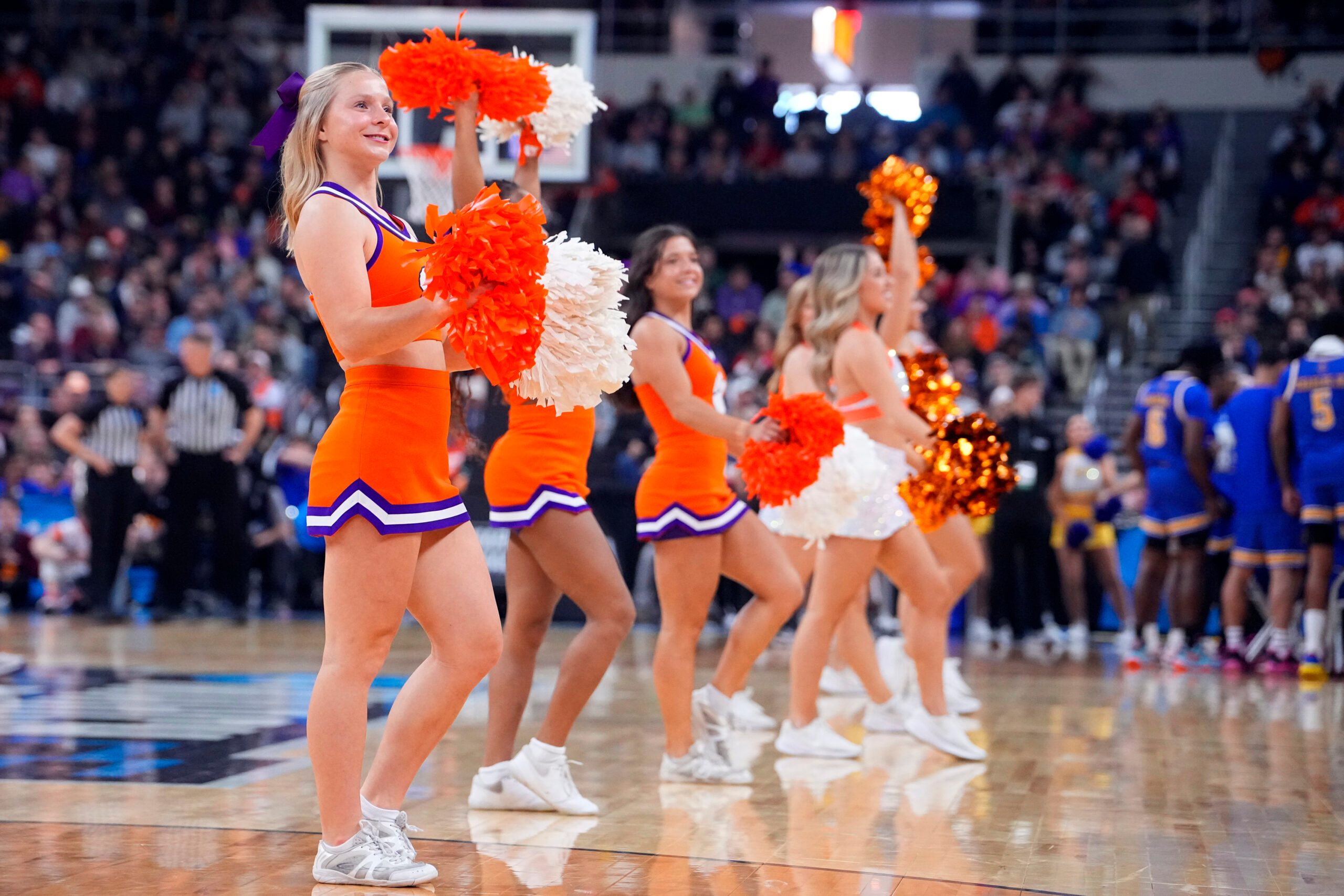 Mar 20, 2025; Providence, RI, USA; Clemson Tigers cheerleaders perform during the first half against the McNeese State Cowboys at Amica Mutual Pavilion. Mandatory Credit: Gregory Fisher-Imagn Images
