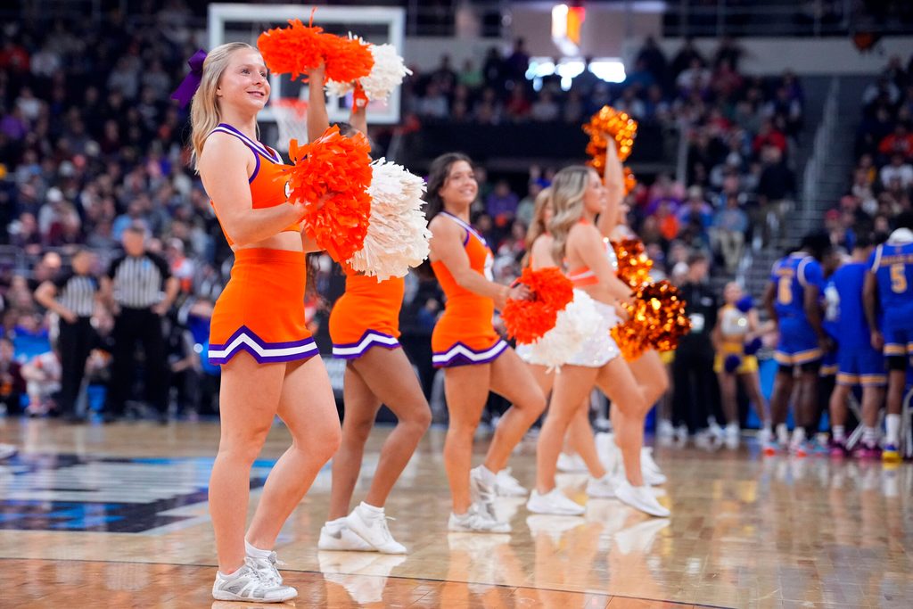 Mar 20, 2025; Providence, RI, USA; Clemson Tigers cheerleaders perform during the first half against the McNeese State Cowboys at Amica Mutual Pavilion. Mandatory Credit: Gregory Fisher-Imagn Images