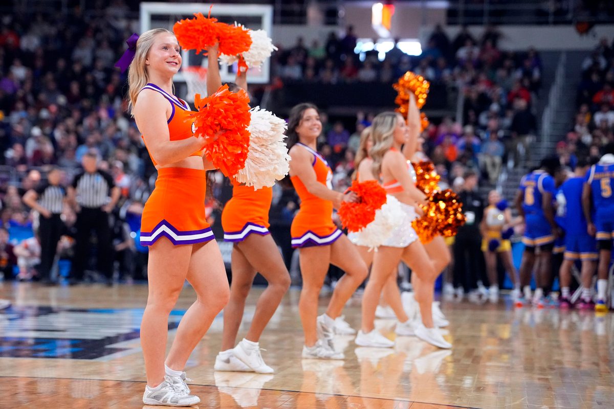 Mar 20, 2025; Providence, RI, USA; Clemson Tigers cheerleaders perform during the first half against the McNeese State Cowboys at Amica Mutual Pavilion. Mandatory Credit: Gregory Fisher-Imagn Images