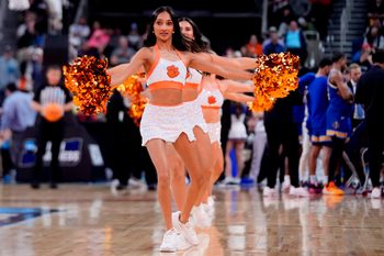 Mar 20, 2025; Providence, RI, USA; Clemson Tigers cheerleaders perform during the second half against the McNeese State Cowboys at Amica Mutual Pavilion. Mandatory Credit: Gregory Fisher-Imagn Images