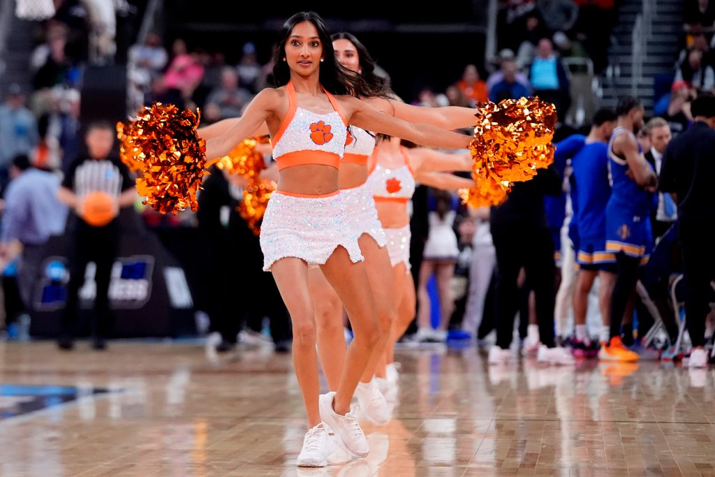 Mar 20, 2025; Providence, RI, USA; Clemson Tigers cheerleaders perform during the second half against the McNeese State Cowboys at Amica Mutual Pavilion. Mandatory Credit: Gregory Fisher-Imagn Images