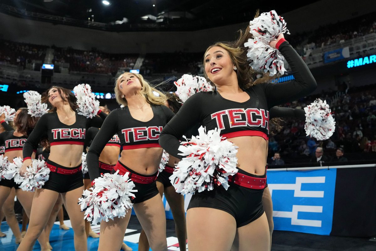 Mar 22, 2025; Wichita, KS, USA; Texas Tech Red Raiders cheerleaders perform before the game between the Texas Tech Red Raiders and the Drake Bulldogs at Intrust Bank Arena. Mandatory Credit: Kirby Lee-Imagn Images