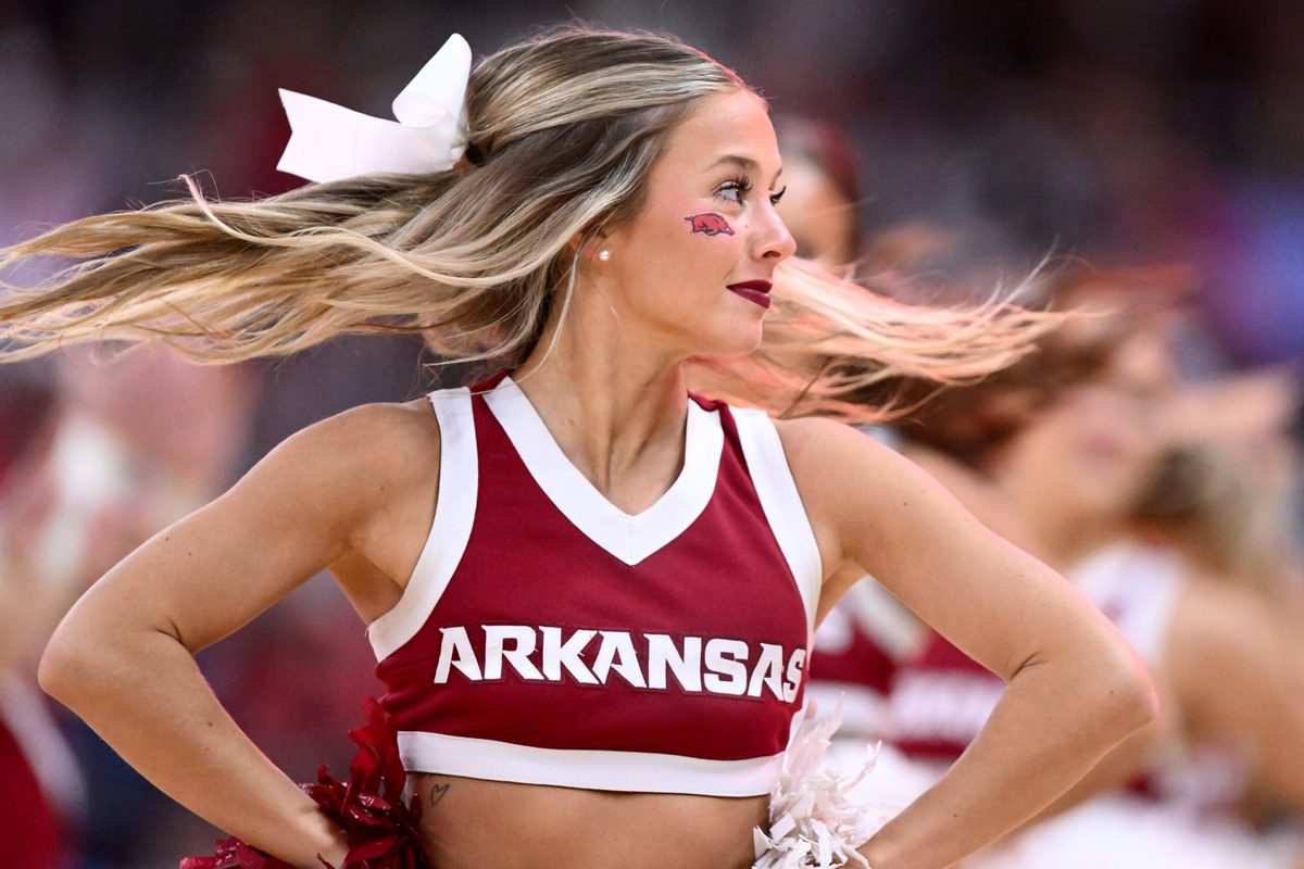 Mar 22, 2025; Providence, RI, USA; Arkansas Razorbacks cheerleaders perform during a second round men’s NCAA Tournament game against the St. John's Red Storm at Amica Mutual Pavilion. Mandatory Credit: Brian Fluharty-Imagn Images