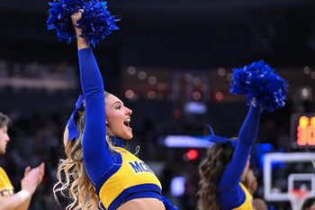 Mar 22, 2025; Providence, RI, USA; McNeese State Cowboys cheerleaders performs during a second round men’s NCAA Tournament game against the Purdue Boilermakers at Amica Mutual Pavilion. Mandatory Credit: Brian Fluharty-Imagn Images