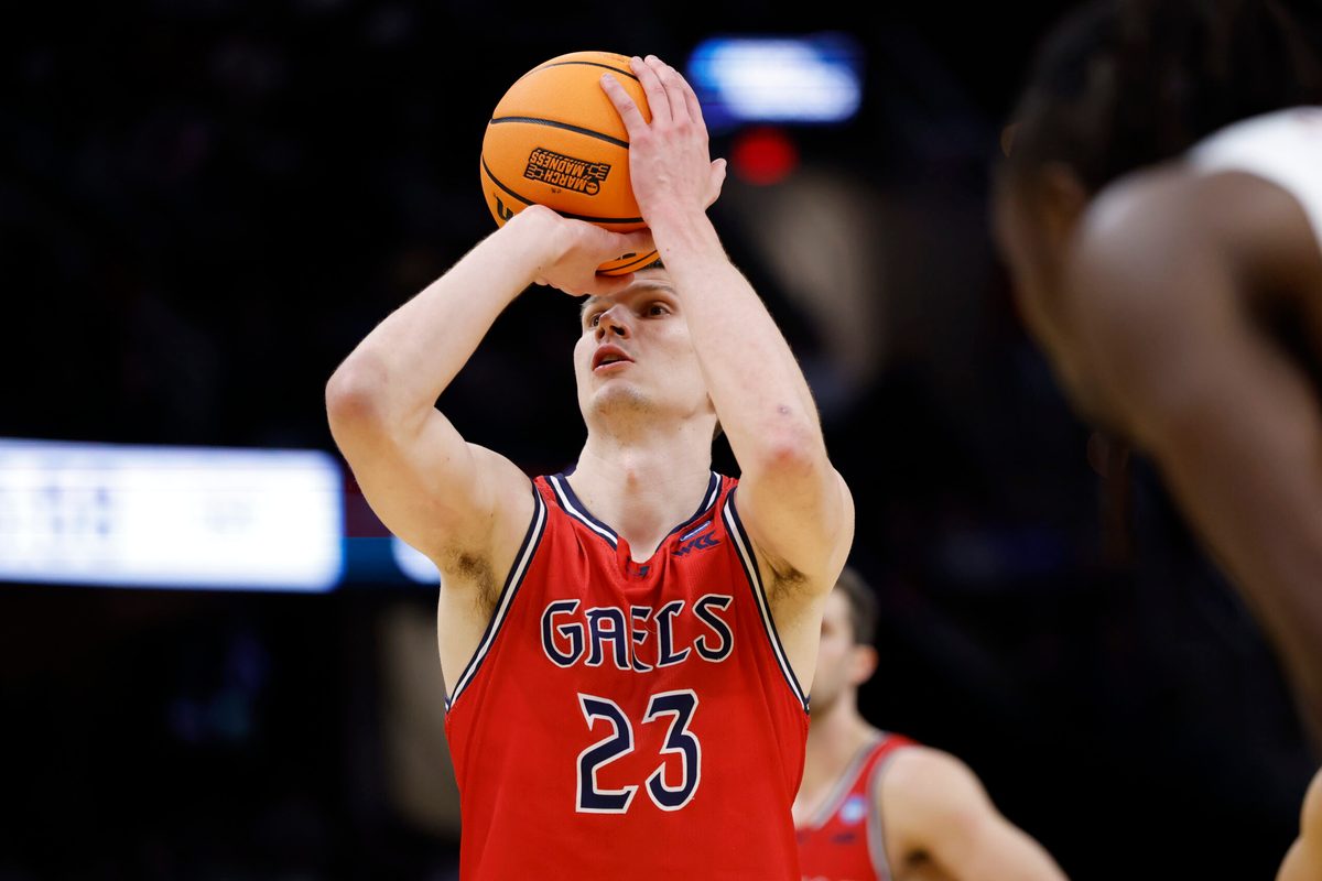 Mar 23, 2025; Cleveland, OH, USA; St. Mary's Gaels forward Paulius Murauskas (23) shoots the ball in the first half against the Alabama Crimson Tide during the NCAA Tournament Second Round at Rocket Arena. Mandatory Credit: Rick Osentoski-Imagn Images