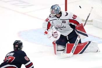 Mar 25, 2025; Winnipeg, Manitoba, CAN; Winnipeg Jets left wing Nikolaj Ehlers (27) scores on Washington Capitals goaltender Logan Thompson (48) in overtime at Canada Life Centre. Mandatory Credit: James Carey Lauder-Imagn Images