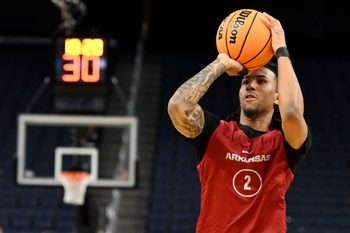 Mar 26, 2025; San Francisco, CA, USA; Arkansas Razorbacks guard Boogie Fland (2) shoots the basketball during NCAA Tournament West Regional Practice at Chase Center. Mandatory Credit: Eakin Howard-Imagn Images