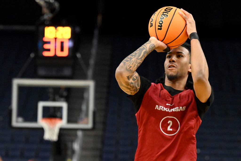 Mar 26, 2025; San Francisco, CA, USA; Arkansas Razorbacks guard Boogie Fland (2) shoots the basketball during NCAA Tournament West Regional Practice at Chase Center. Mandatory Credit: Eakin Howard-Imagn Images
