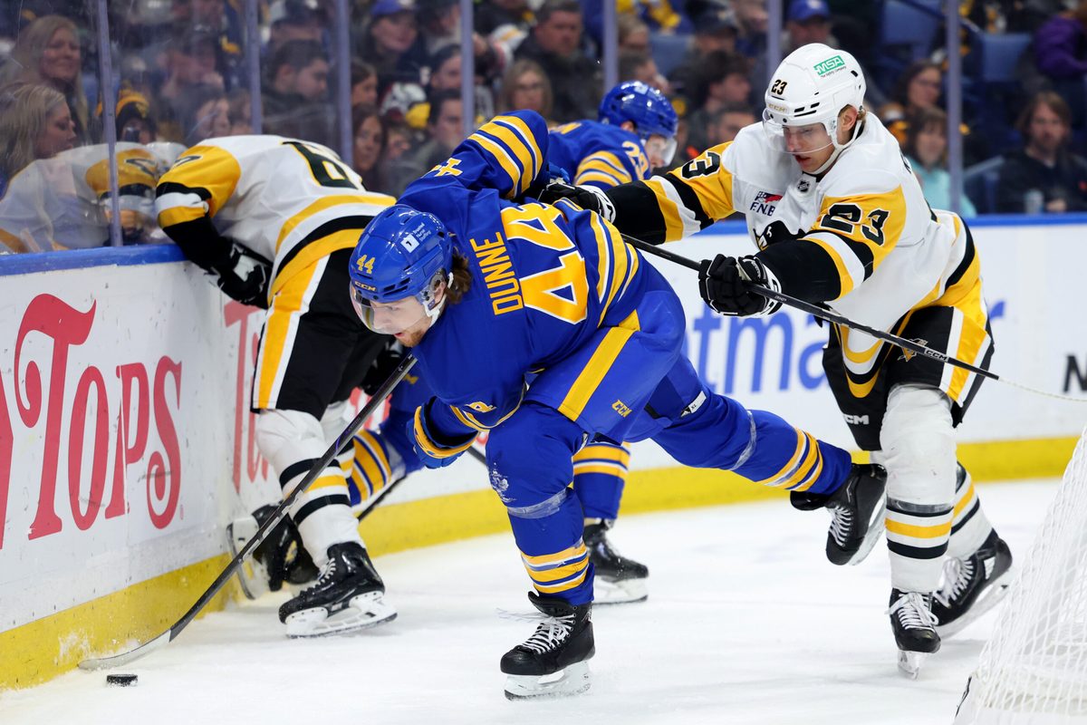 Mar 27, 2025; Buffalo, New York, USA; Pittsburgh Penguins defenseman Vladislav Kolyachonok (23) checks Buffalo Sabres center Josh Dunne (44) as he plays the puck during the second period at KeyBank Center. Mandatory Credit: Timothy T. Ludwig-Imagn Images