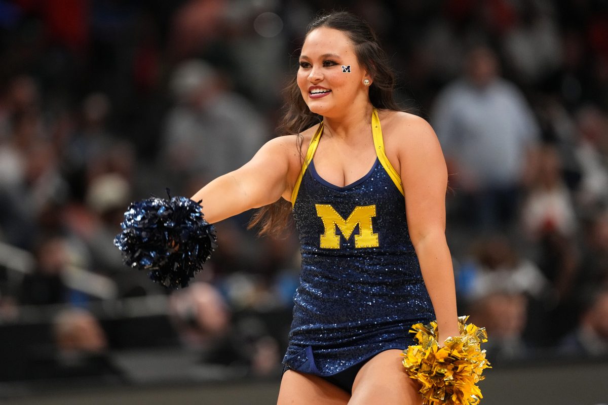 Mar 28, 2025; Atlanta, GA, USA; Michigan Wolverines cheerleaders in the second half of a South Regional semifinal of the 2025 NCAA tournament against the Auburn Tigers at State Farm Arena. Mandatory Credit: Brett Davis-Imagn Images