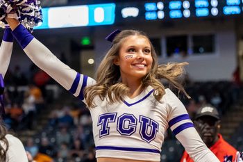 Mar 29, 2025; Birmingham, AL, USA; TCU Horned Frogs cheerleaders perform before the first half of a Sweet 16 NCAA Tournament basketball game against the Notre Dame Fighting Irish at Legacy Arena. Mandatory Credit: Vasha Hunt-Imagn Images