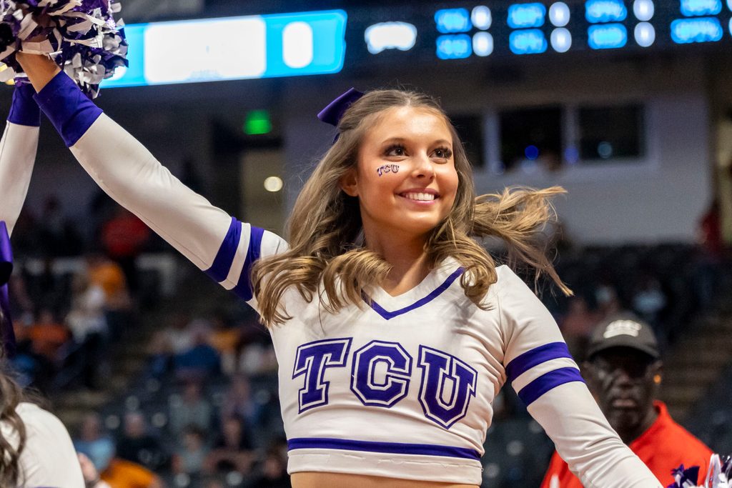 Mar 29, 2025; Birmingham, AL, USA; TCU Horned Frogs cheerleaders perform before the first half of a Sweet 16 NCAA Tournament basketball game against the Notre Dame Fighting Irish at Legacy Arena. Mandatory Credit: Vasha Hunt-Imagn Images