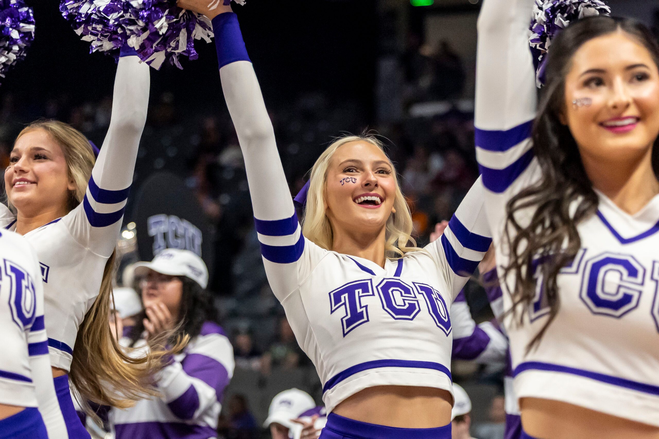 Mar 29, 2025; Birmingham, AL, USA; TCU Horned Frogs cheerleaders perform before the first half of a Sweet 16 NCAA Tournament basketball game against the Notre Dame Fighting Irish at Legacy Arena. Mandatory Credit: Vasha Hunt-Imagn Images