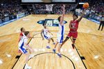 Mar 29, 2025; San Francisco, CA, USA; Texas Tech Red Raiders forward JT Toppin (15) drives to the hoop past Florida Gators center Micah Handlogten (3) during the second half during the West Regional final of the 2025 NCAA tournament at Chase Center. Mandatory Credit: Kyle Terada-Imagn Images