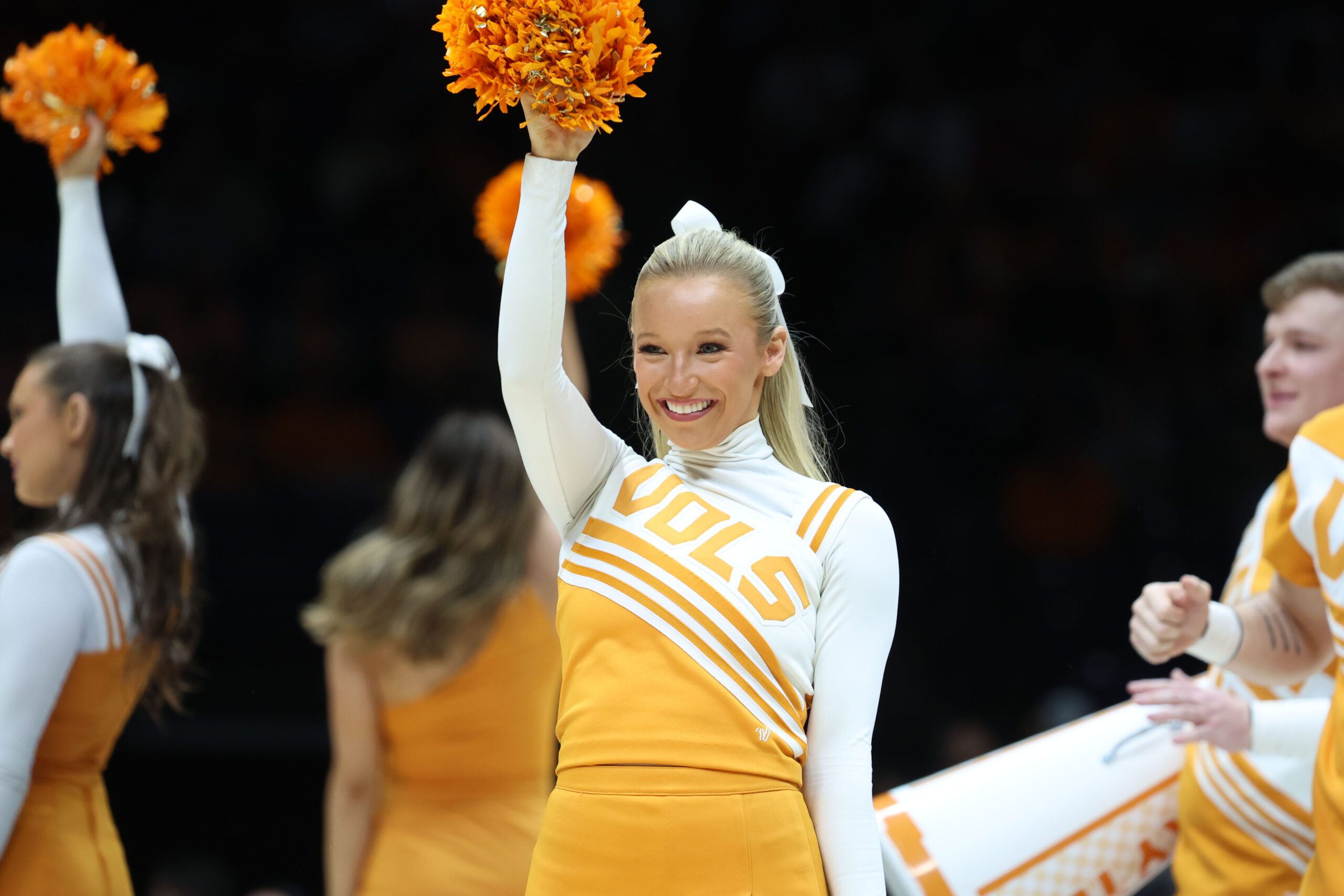Mar 30, 2025; Indianapolis, IN, USA; The Tennessee Volunteers cheerleaders perform in the first half during the Midwest Regional final of the 2025 NCAA tournament at Lucas Oil Stadium. Mandatory Credit: Trevor Ruszkowski-Imagn Images