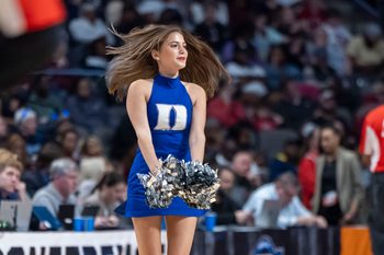 Mar 30, 2025; Birmingham, AL, USA; The Duke Blue Devils cheerleaders perform during the second half of an Elite 8 NCAA Tournament basketball game against the South Carolina Gamecocks at Legacy Arena. Mandatory Credit: Vasha Hunt-Imagn Images