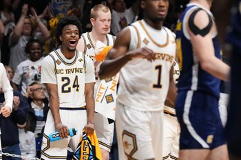 UC Irvine Anteaters guard Jurian Dixon (24) yells one excitement Thursday, April 3, 2025, during the National Invitational Tournament at Hinkle Fieldhouse in Indianapolis.