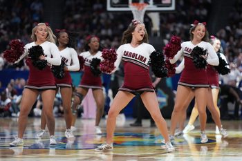 Apr 4, 2025; Tampa, FL, USA;  South Carolina Gamecocks cheerleaders perform during the third quarter in a semifinal of the women's 2025 NCAA tournament against the Texas Longhorns at Amalie Arena. Mandatory Credit: Kirby Lee-Imagn Images