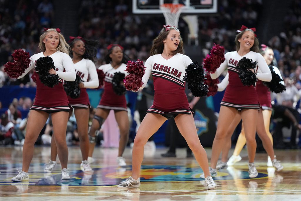 Apr 4, 2025; Tampa, FL, USA; South Carolina Gamecocks cheerleaders perform during the third quarter in a semifinal of the women's 2025 NCAA tournament against the Texas Longhorns at Amalie Arena. Mandatory Credit: Kirby Lee-Imagn Images