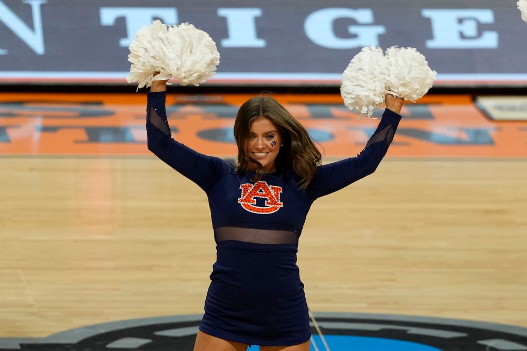 Apr 5, 2025; San Antonio, TX, USA; The Auburn Tigers cheerleaders perform during the first half in the semifinals of the men's Final Four of the 2025 NCAA Tournament at Alamodome. Mandatory Credit: Scott Wachter-Imagn Images