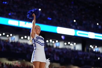 Apr 5, 2025; San Antonio, TX, USA; Duke Blue Devils cheerleaders perform before a semifinal of the men's Final Four of the 2025 NCAA Tournament at the Alamodome. Mandatory Credit: Bob Donnan-Imagn Images