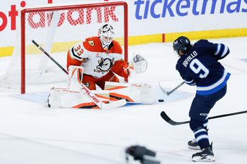 Apr 16, 2025; Winnipeg, Manitoba, CAN;  Winnipeg Jets forward Alex Iafallo (9) takes a shot on Anaheim Ducks goalie Ville Husso (33) during the third period at Canada Life Centre. Mandatory Credit: Terrence Lee-Imagn Images