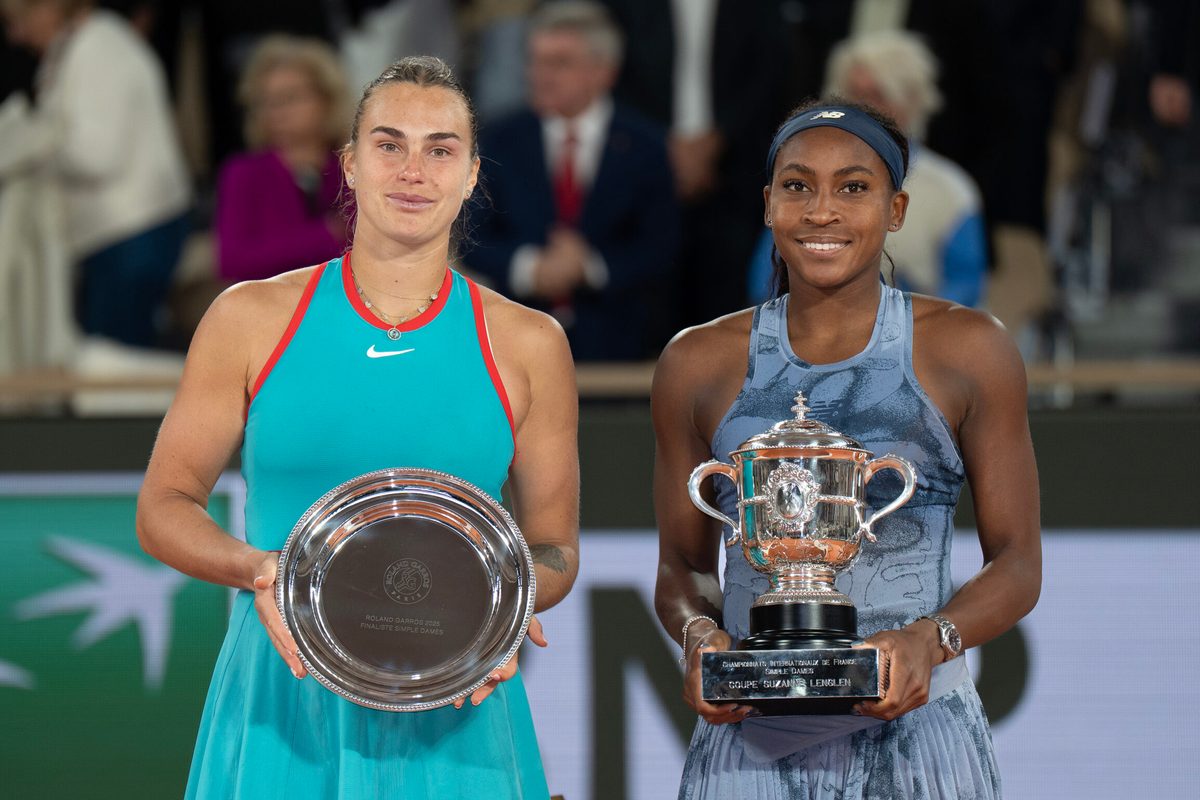 Jun 7, 2025; Paris, FR; Coco Gauff of the United States poses with Aryna Sabalenka after their match on day 14 at Roland Garros Stadium. Mandatory Credit: Susan Mullane-Imagn Images