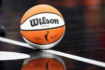 Aug 10, 2025; Phoenix, Arizona, USA; Detailed view of an official Wilson WNBA basketball at PHX Arena. Mandatory Credit: Mark J. Rebilas-Imagn Images
