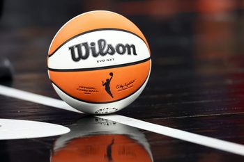 Aug 10, 2025; Phoenix, Arizona, USA; Detailed view of an official Wilson WNBA basketball at PHX Arena. Mandatory Credit: Mark J. Rebilas-Imagn Images