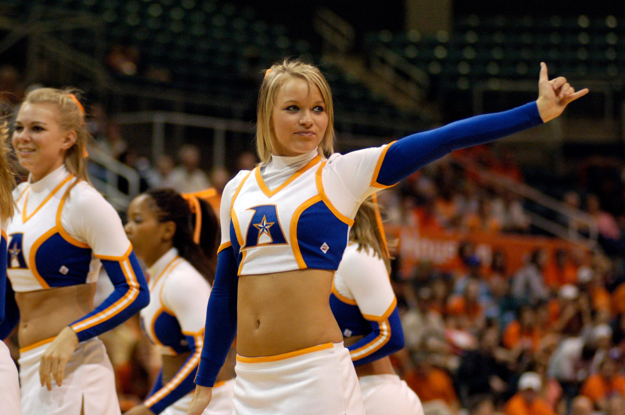 Mar 14, 2008; Katy, TX, USA; A UT Arlington Mavericks cheerleader cheers for Mavericks the against the Sam Houston Bearkats in the second half of the Southland Conference Tournament at the Merrell Center. Texas Arlington defeated Sam Houston State 72-66. Mandatory Credit: Brett Davis-Imagn Images