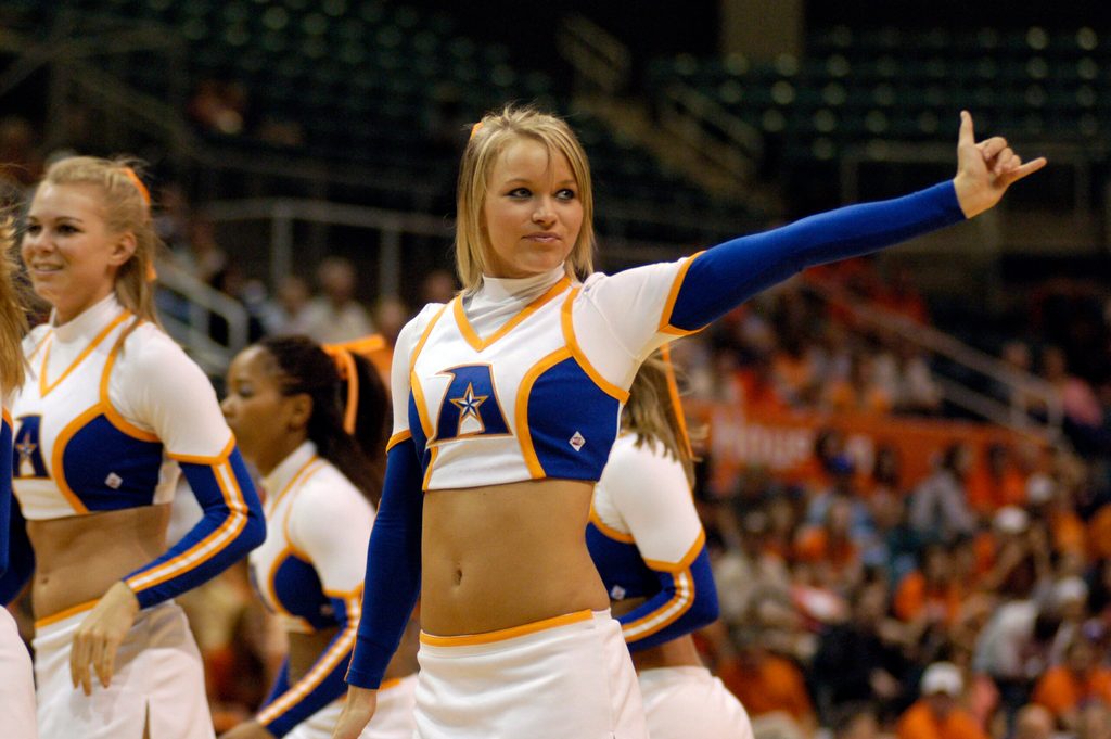 Mar 14, 2008; Katy, TX, USA; A UT Arlington Mavericks cheerleader cheers for Mavericks the against the Sam Houston Bearkats in the second half of the Southland Conference Tournament at the Merrell Center. Texas Arlington defeated Sam Houston State 72-66. Mandatory Credit: Brett Davis-Imagn Images