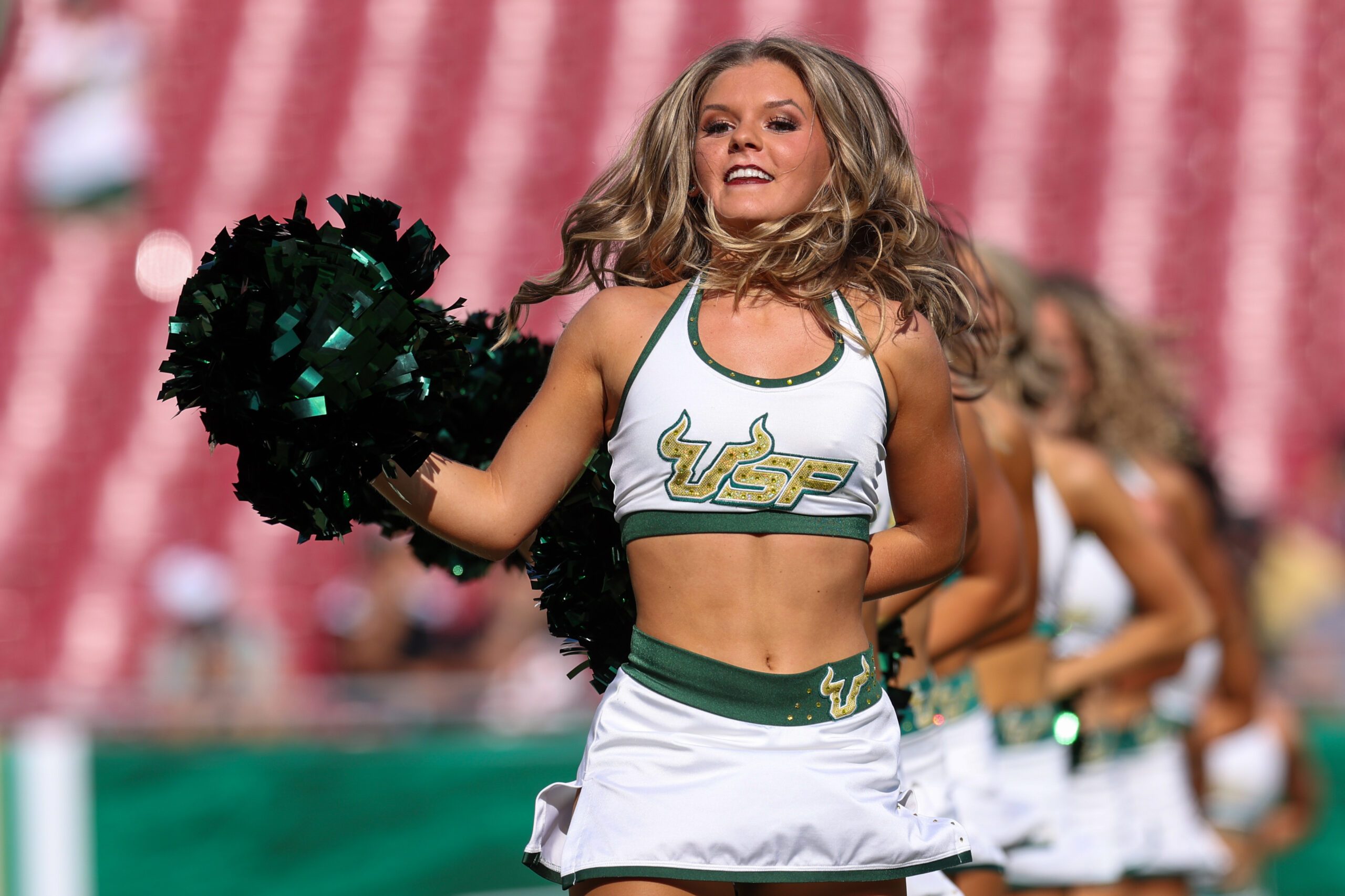 Aug 28, 2025; Tampa, Florida, USA; South Florida Bulls cheerleaders entertain fans before a game against the Boise State Broncos at Raymond James Stadium. Mandatory Credit: Nathan Ray Seebeck-Imagn Images