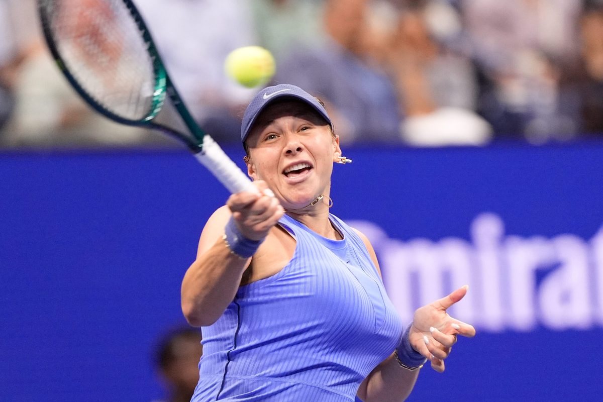 Sep 4, 2025; Flushing, NY, USA;  Amanda Anisimova (USA) hits to Naomi Osaka (JPN) (not pictured) on day twelve of the 2025 U.S. Open tennis tournament at the USTA Billie Jean King National Tennis Center. Mandatory Credit: Robert Deutsch-Imagn Images