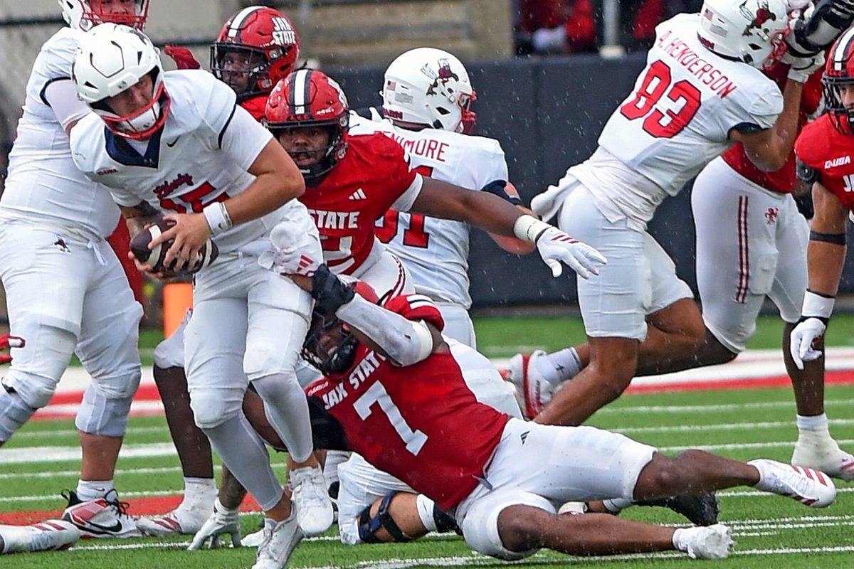 Jacksonville StateÕs Isaac Walker sacks Liberty quarterback Ethan Vasko during college school football action at AmFirst Stadium in Jacksonville, Alabama September 6, 2025. (Dave Hyatt / Hyatt Media LLC)