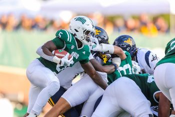Sep 6, 2025; Athens, Ohio, USA; Ohio Bobcats running back Sieh Bangura (5) runs the ball during the third quarter against the West Virginia Mountaineers at Peden Stadium. Mandatory Credit: Ben Queen-Imagn Images