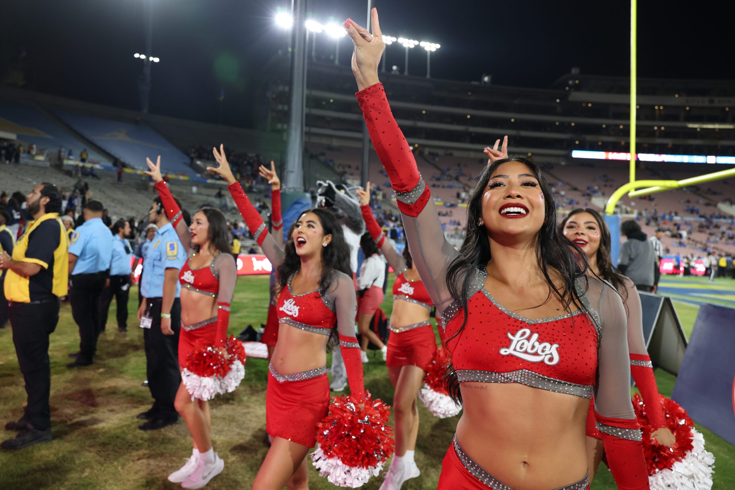 Sep 12, 2025; Pasadena, California, USA;  New Mexico Lobos cheerleaders perform during the fourth quarter against the UCLA Bruins at Rose Bowl. Mandatory Credit: Kiyoshi Mio-Imagn Images