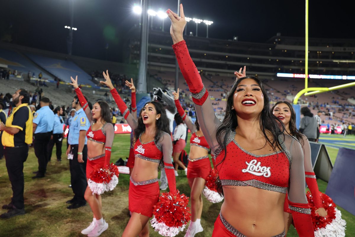 Sep 12, 2025; Pasadena, California, USA;  New Mexico Lobos cheerleaders perform during the fourth quarter against the UCLA Bruins at Rose Bowl. Mandatory Credit: Kiyoshi Mio-Imagn Images