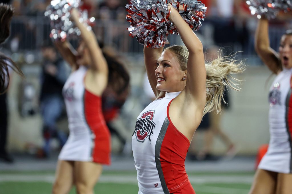 Sep 13, 2025; Columbus, Ohio, USA; Ohio State Buckeyes cheerleader cheer during the second half against the Ohio Bobcats at Ohio Stadium. Mandatory Credit: Joseph Maiorana-Imagn Images