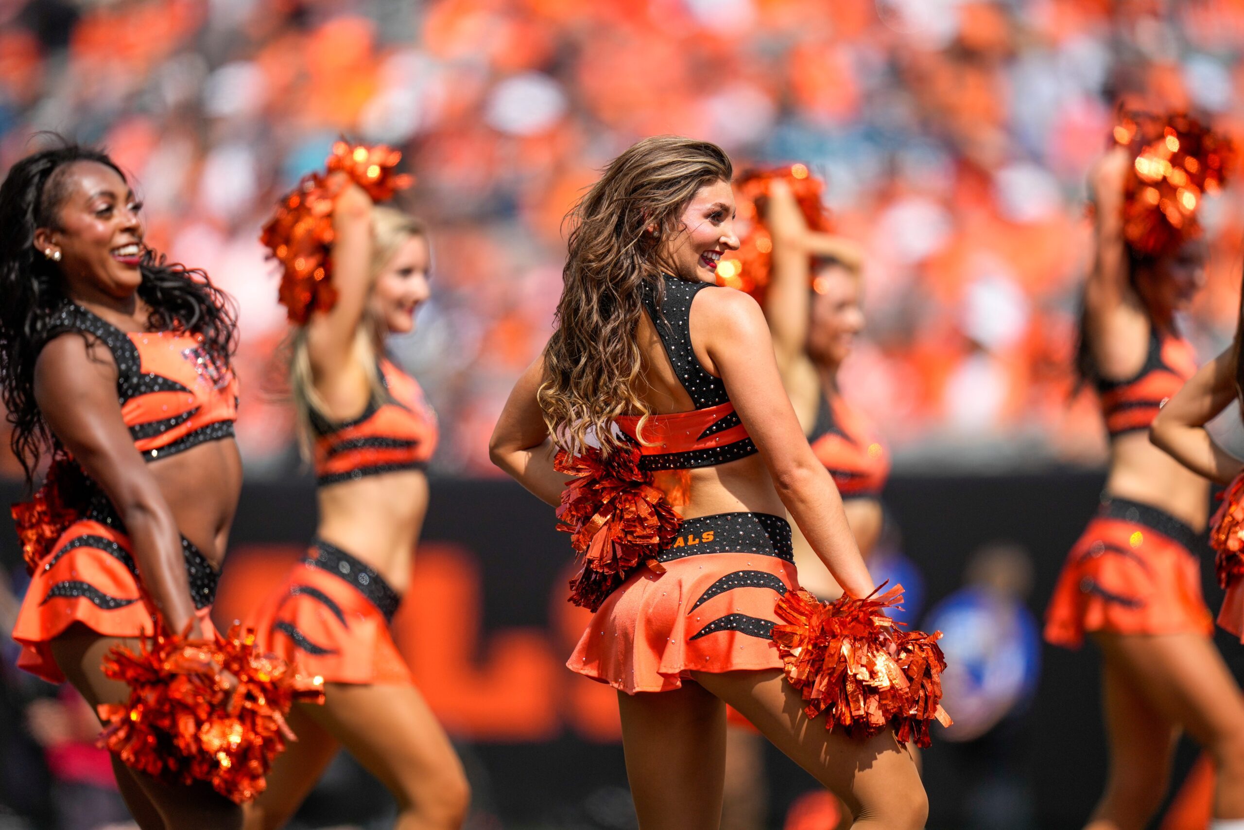 The Ben-Gals cheerleaders celebrate after the first quarter of the NFL Week 2 game between the Cincinnati Bengals and the Jacksonville Jaguars at Paycor Stadium in downtown Cincinnati on Sunday, Sept. 14, 2025. The Jaguars led 17-10 at halftime.