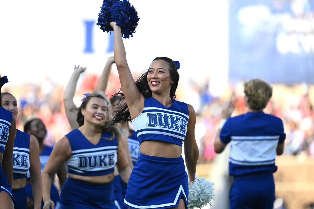 Sep 20, 2025; Durham, North Carolina, USA; Duke Blue Devils cheerleader during the game against the NC State Wolfpack at Wallace Wade Stadium. Mandatory Credit: Zachary Taft-Imagn Images