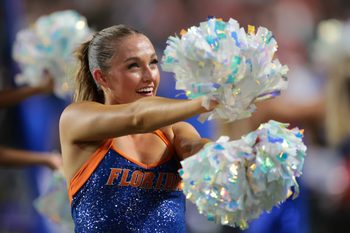 Sep 20, 2025; Miami Gardens, Florida, USA; A Florida Gators cheerleader performs during the game against the Miami Hurricanes at Hard Rock Stadium. Mandatory Credit: Sam Navarro-Imagn Images