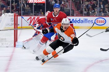 Sep 23, 2025; Montreal, Quebec, CAN; Philadelphia Flyers forward Anthony Richard (90) scores a goal against Montreal Canadiens goalie Kaapo Kahkonen (34) during the second period at the Bell Centre. Mandatory Credit: Eric Bolte-Imagn Images