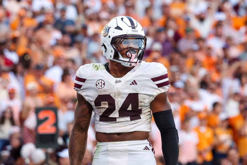 Sep 27, 2025; Starkville, Mississippi, USA; Mississippi State Bulldogs running back Fluff Bothwell (24) looks on during the second half against the Tennessee Volunteers at Davis Wade Stadium at Scott Field. Mandatory Credit: Wesley Hale-Imagn Images