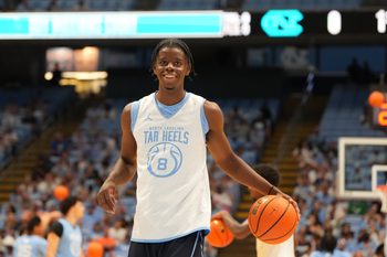 Oct 4, 2025; Charlotte, NC, USA; North Carolina Tar Heels forward Caleb Wilson (8) warms up before the game at Dean E. Smith Center. Mandatory Credit: Bob Donnan-Imagn Images