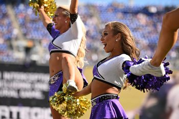 Oct 5, 2025; Baltimore, Maryland, USA; Baltimore Ravens cheerleaders perform during the third quarter against the Houston Texans at M&T Bank Stadium. Mandatory Credit: Rafael Suanes-Imagn Images