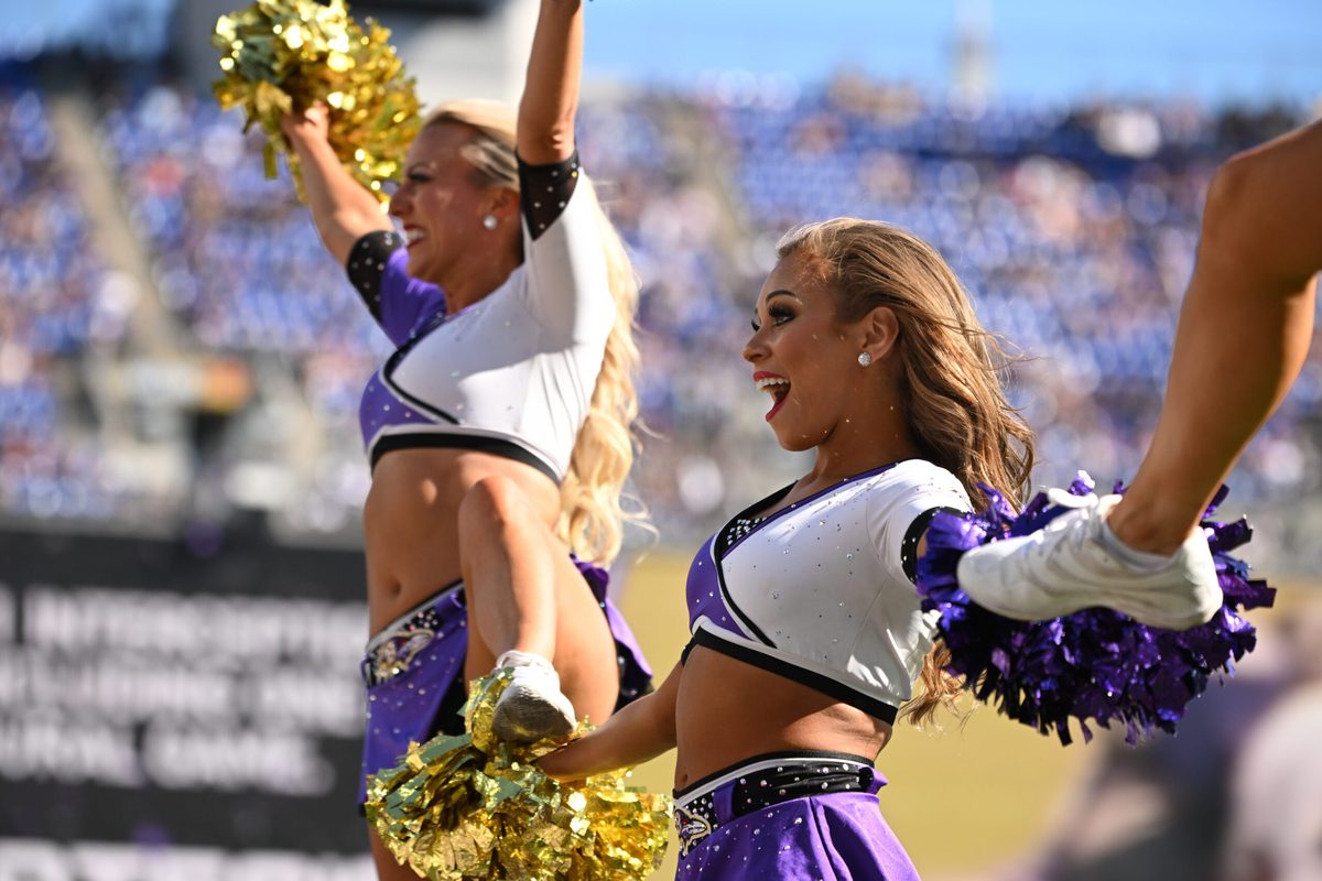 Oct 5, 2025; Baltimore, Maryland, USA; Baltimore Ravens cheerleaders perform during the third quarter against the Houston Texans at M&T Bank Stadium. Mandatory Credit: Rafael Suanes-Imagn Images